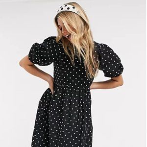 Monki Melody cotton poplin polka dot smock dress black